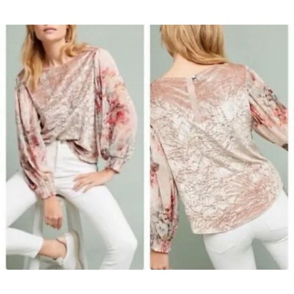 Anthropologie Meadow Rue Top XS Extra Small Pink Floral Velvet Long Sleeve - Picture 4 of 10